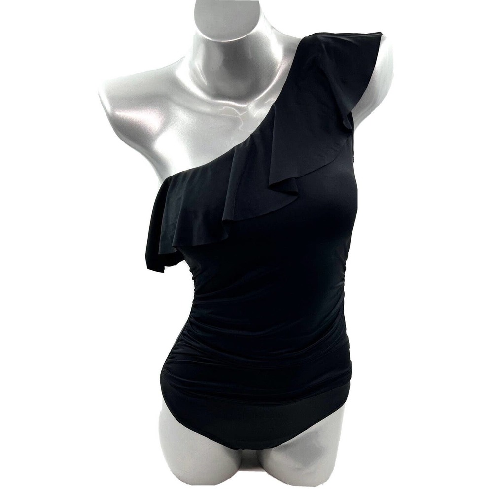 Hilor Womens One Piece Swimsuit Size 6 Black Ruffle One Shoulder Shirred NEW